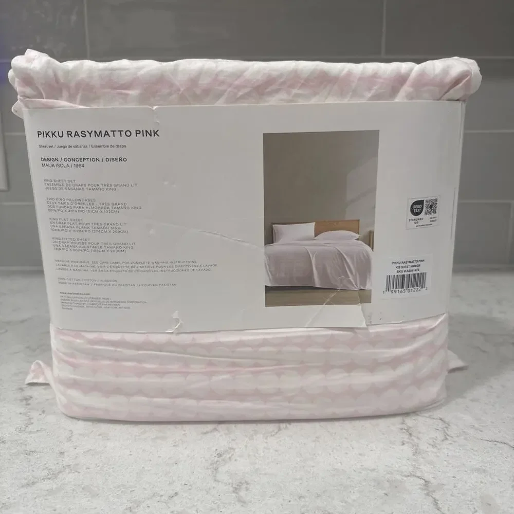 Marimekko pikku rasymatto Pink King Sheet Set 100% Cotton NEW 4 Piece Set Sheets